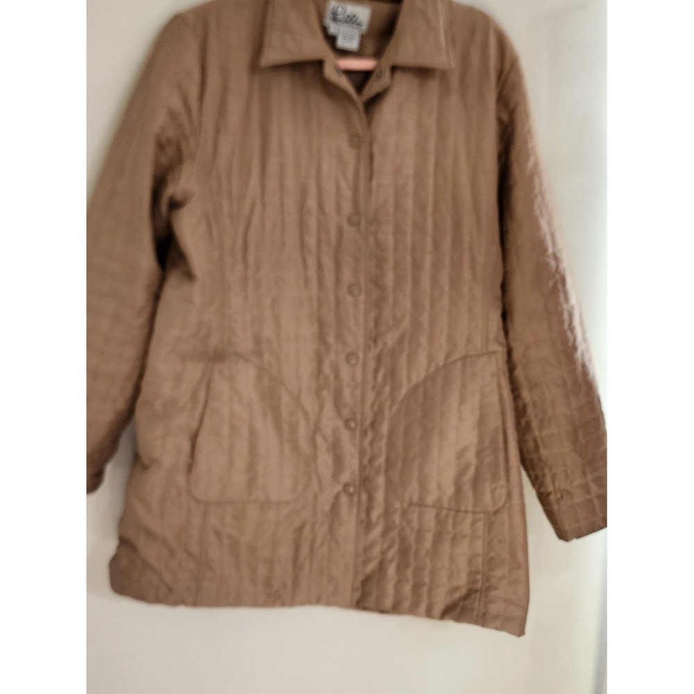 Lilly Pulitzer Quilted Puffer Jacket Large Tan Snap Front Grid Pattern